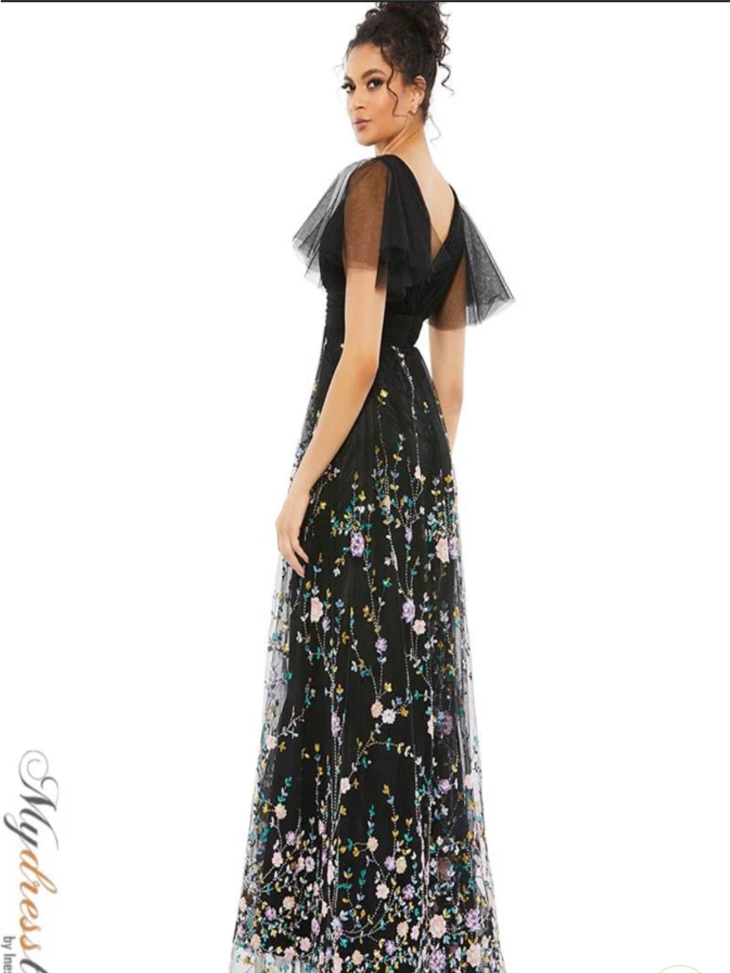 Mac Duggal Black Floral Embroidered Tulle Maxi Dress